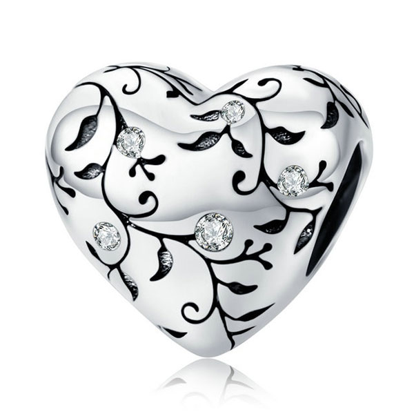 Sterling Silver CZ Vines Heart Charm